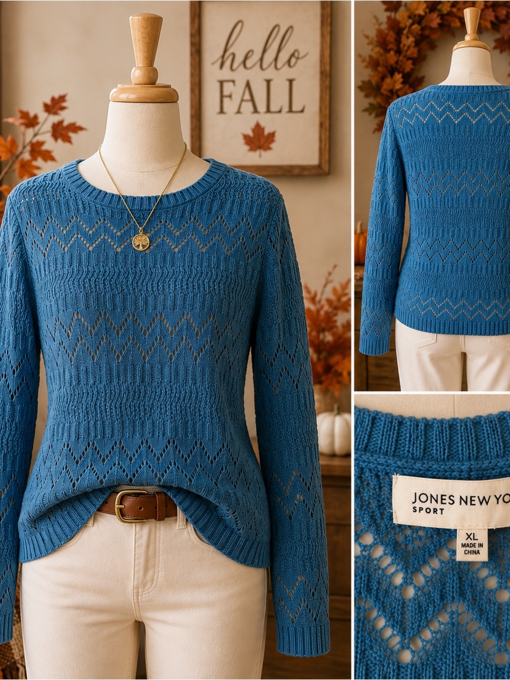 Jones New York Sport XL Blue Open Knit Sweater Pointelle Chevron Lightweight